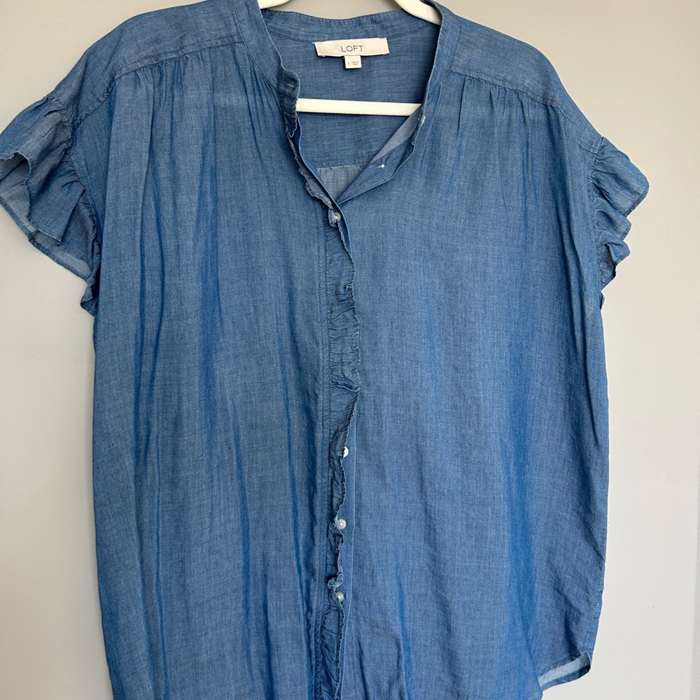 LOFT Chambray Ruffle Sleeve Blouse